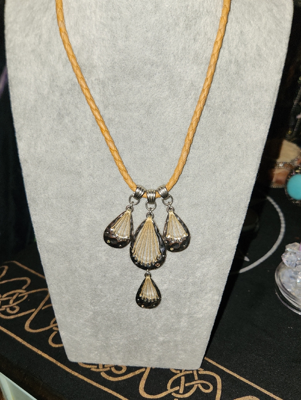 Gold-Tone Teardrop Pendant Necklace with Tan Braided Cord
